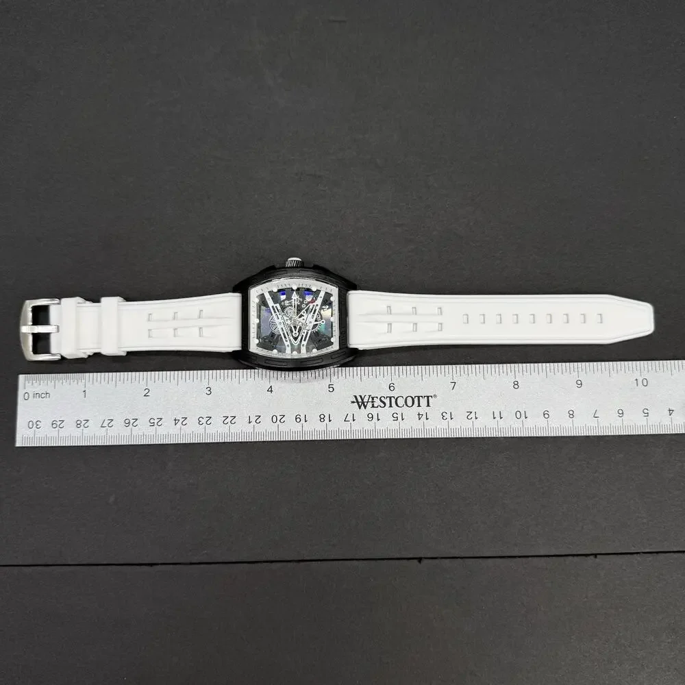 Mens White Tonneau Quartz Mille Fashion Watch Skeleton Dial Mille Style Barrel